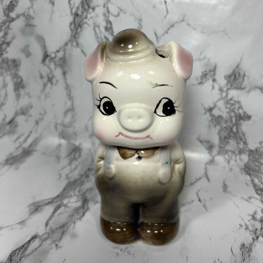 Anthropomorphic Farmer Pig Figurine in Overalls Big Eyes Ceramic Holder 6” D2
